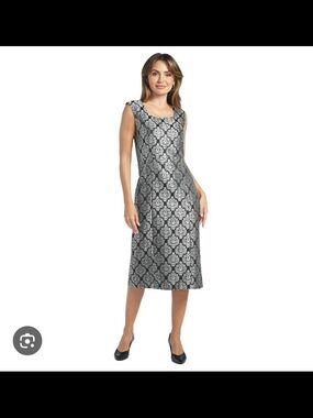 Sleeveless Black & Silver Damask Midi Dress